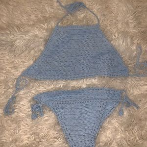 Baby blue halter crochet bikini swimsuit set.